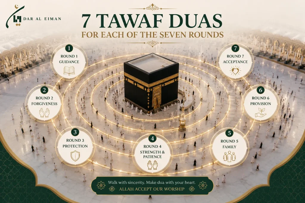Seven rounds of Tawaf around the Kaaba.