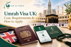 Umrah Visa UK guide showing a UK passport, Saudi eVisa, travel documents and the Kaaba at Masjid al-Haram